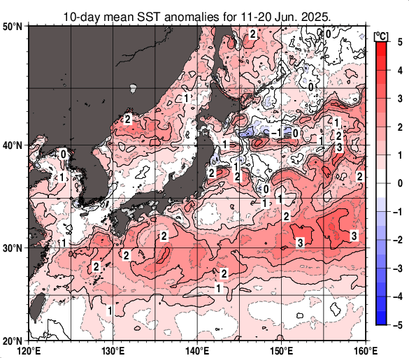 日本近海の旬平均海面水温平年差分布図（2025年6月中旬）