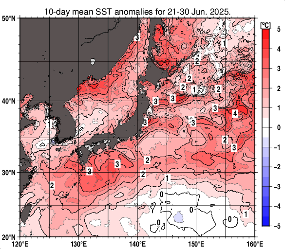 日本近海の旬平均海面水温平年差分布図（2025年6月下旬）