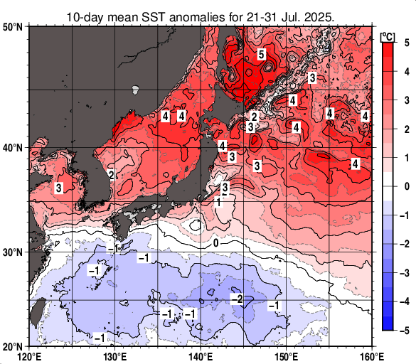 日本近海の旬平均海面水温平年差分布図（2025年7月下旬）