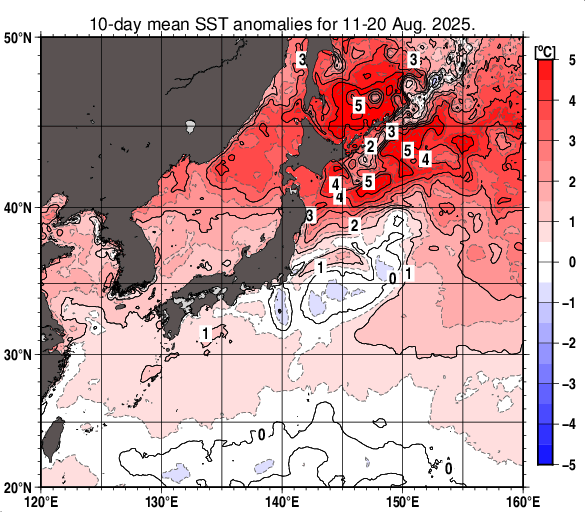 日本近海の旬平均海面水温平年差分布図（2025年8月中旬）