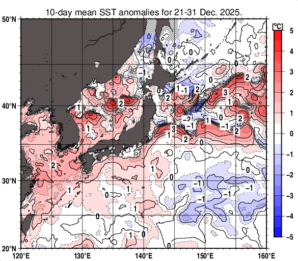 日本近海の旬平均海面水温平年差分布図（2025年12月下旬）