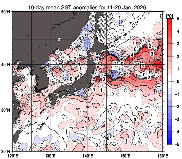 日本近海の旬平均海面水温平年差分布図（2026年1月中旬）