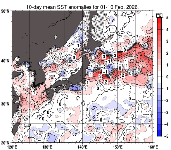 日本近海の旬平均海面水温平年差分布図（2026年2月上旬）