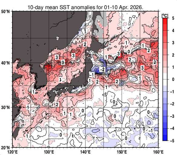 日本近海の旬平均海面水温平年差分布図（2026年4月上旬）