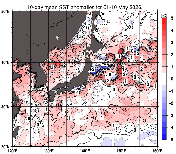 日本近海の旬平均海面水温平年差分布図（2026年5月上旬）