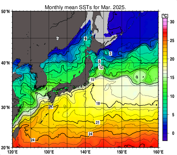 日本近海の月平均海面水温分布図（2025年3月）