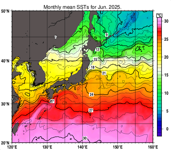 日本近海の月平均海面水温分布図（2025年6月）