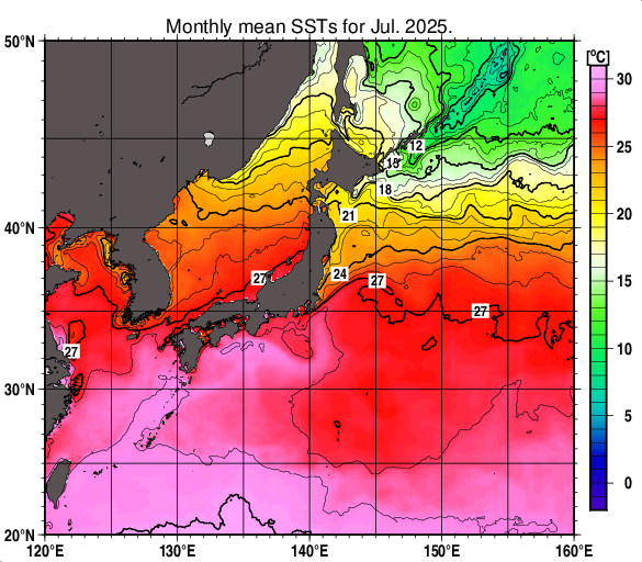 日本近海の月平均海面水温分布図（2025年7月）
