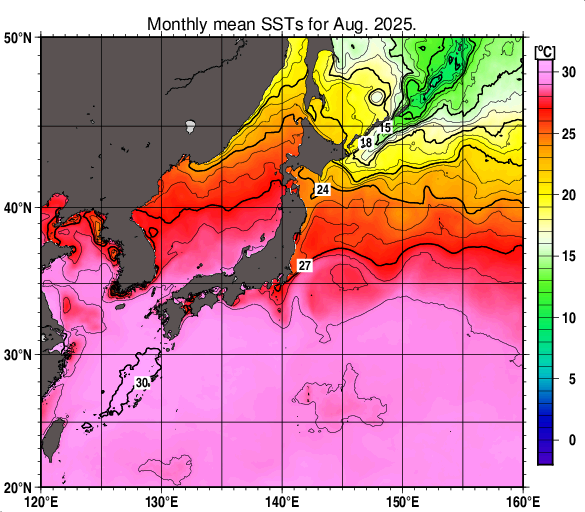 日本近海の月平均海面水温分布図（2025年8月）