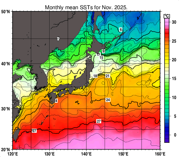 日本近海の月平均海面水温分布図（2025年11月）