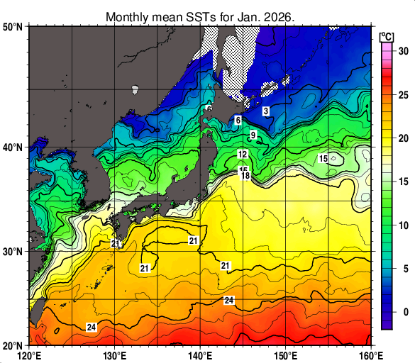 日本近海の月平均海面水温分布図（2026年1月）