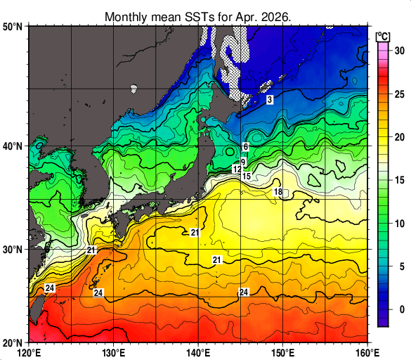 日本近海の月平均海面水温分布図（2026年4月）