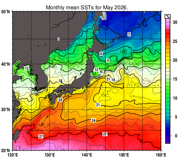 日本近海の月平均海面水温分布図（2026年5月）