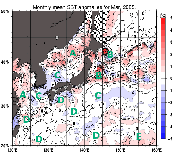 日本近海の月平均海面水温平年差分布図（2025年3月）