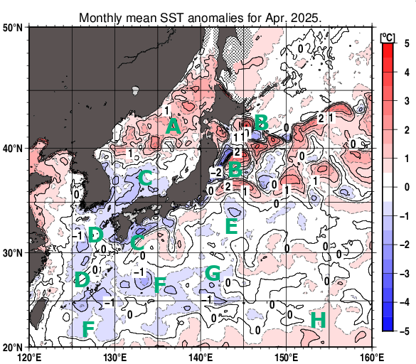 日本近海の月平均海面水温平年差分布図（2025年4月）