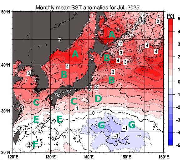日本近海の月平均海面水温平年差分布図（2025年7月）