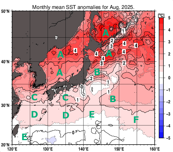 日本近海の月平均海面水温平年差分布図（2025年8月）
