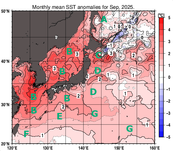 日本近海の月平均海面水温平年差分布図（2025年9月）