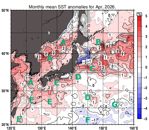 日本近海の月平均海面水温平年差分布図（2026年4月）