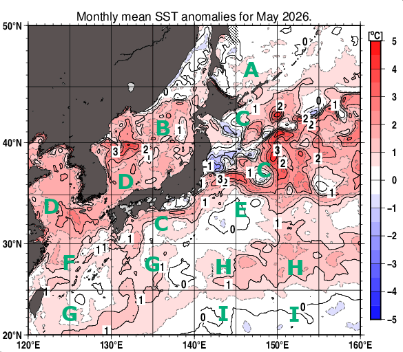 日本近海の月平均海面水温平年差分布図（2026年5月）
