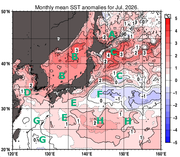 日本近海の月平均海面水温平年差分布図（2026年7月）