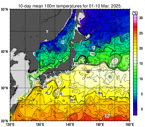 日本近海の深さ100mの旬平均水温分布図（2025年3月上旬）