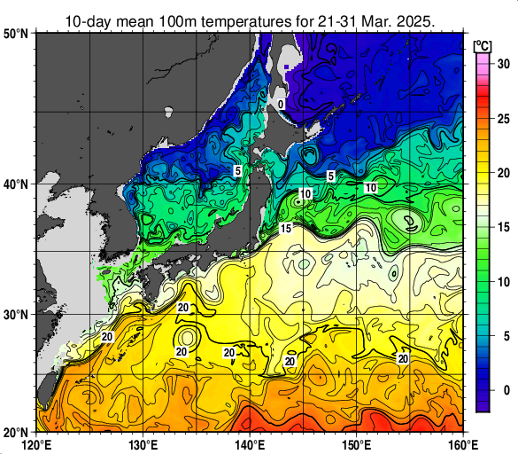 日本近海の深さ100mの旬平均水温分布図（2025年3月下旬）