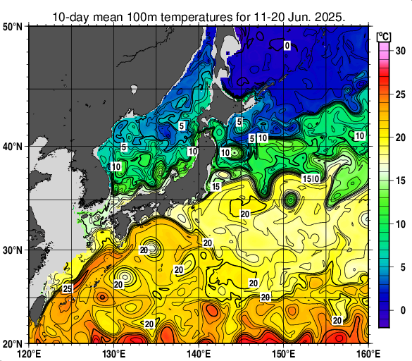 日本近海の深さ100mの旬平均水温分布図（2025年6月中旬）