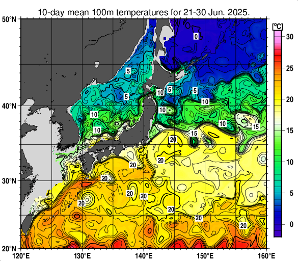 日本近海の深さ100mの旬平均水温分布図（2025年6月下旬）