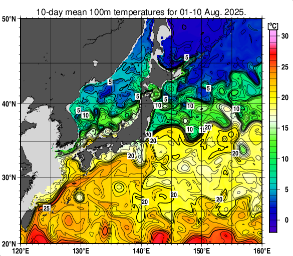 日本近海の深さ100mの旬平均水温分布図（2025年8月上旬）