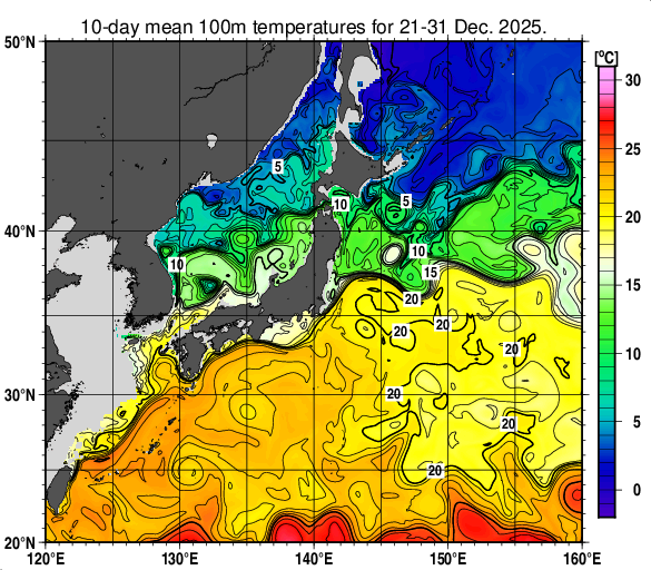 日本近海の深さ100mの旬平均水温分布図（2025年12月下旬）