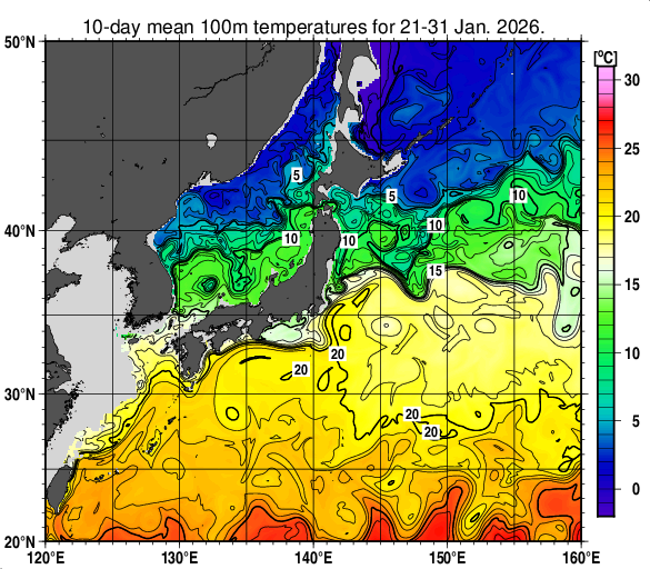 日本近海の深さ100mの旬平均水温分布図（2026年1月下旬）