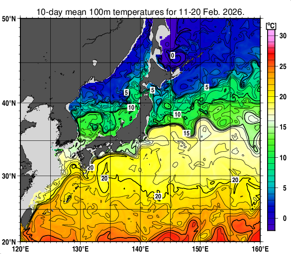 日本近海の深さ100mの旬平均水温分布図（2026年2月中旬）