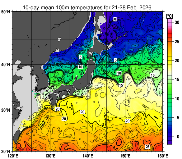 日本近海の深さ100mの旬平均水温分布図（2026年2月下旬）