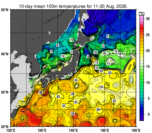 日本近海の深さ100mの旬平均水温分布図（2026年8月中旬）