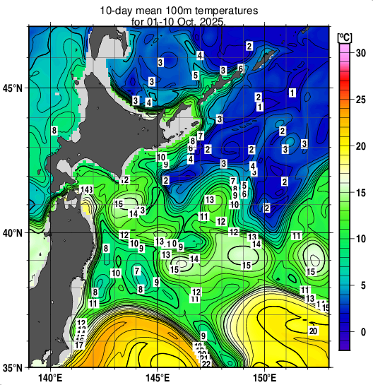 親潮域の深さ100mの旬平均水温分布図（2025年10月上旬）