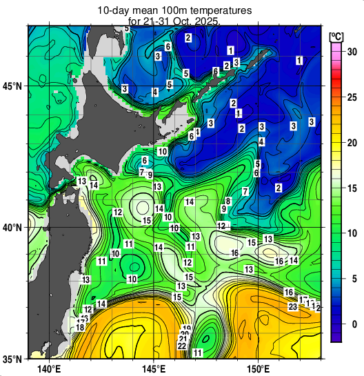 親潮域の深さ100mの旬平均水温分布図（2025年10月下旬）
