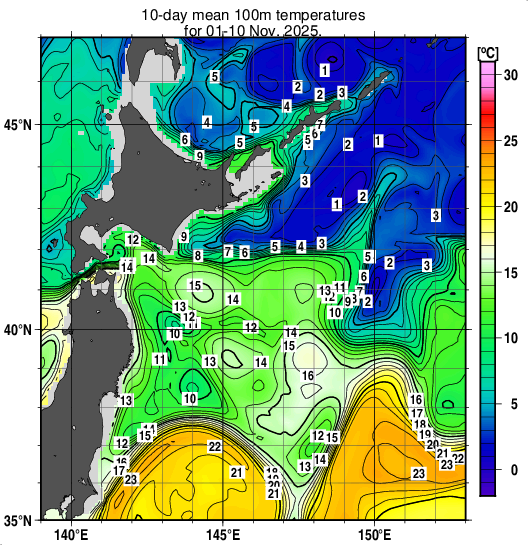 親潮域の深さ100mの旬平均水温分布図（2025年11月上旬）