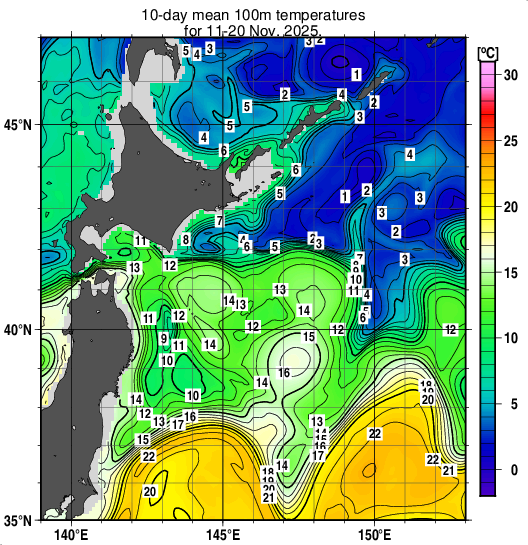 親潮域の深さ100mの旬平均水温分布図（2025年11月中旬）