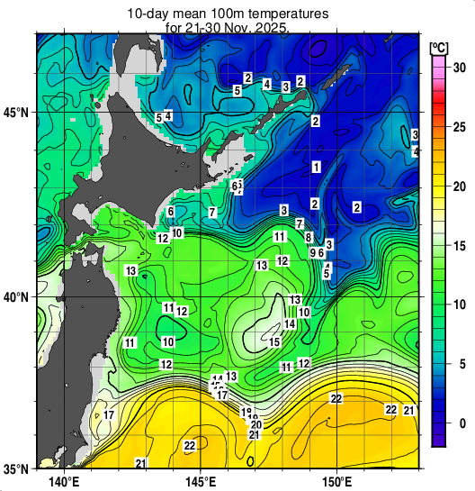 親潮域の深さ100mの旬平均水温分布図（2025年11月下旬）