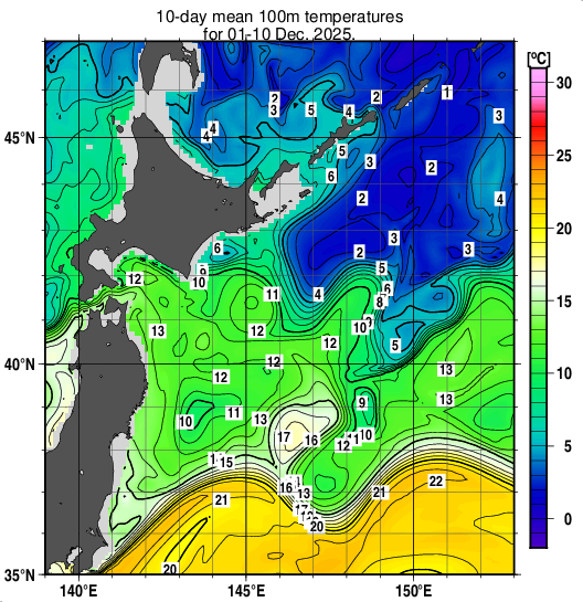 親潮域の深さ100mの旬平均水温分布図（2025年12月上旬）