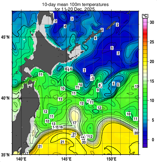 親潮域の深さ100mの旬平均水温分布図（2025年12月中旬）