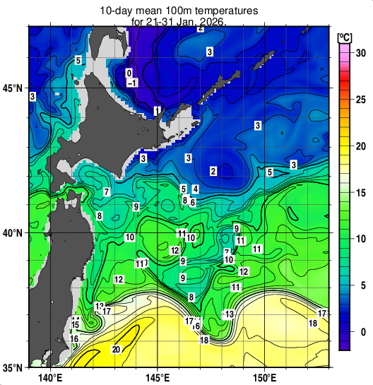 親潮域の深さ100mの旬平均水温分布図（2026年1月下旬）