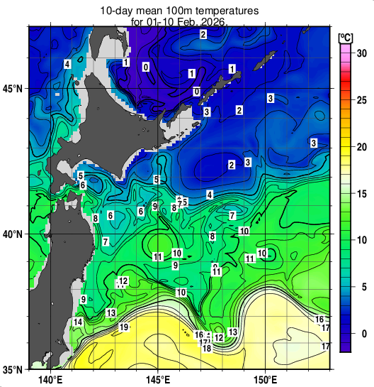 親潮域の深さ100mの旬平均水温分布図（2026年2月上旬）