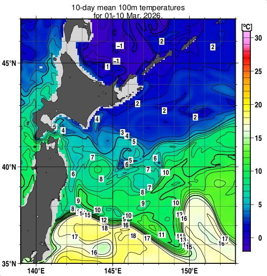 親潮域の深さ100mの旬平均水温分布図（2026年3月上旬）