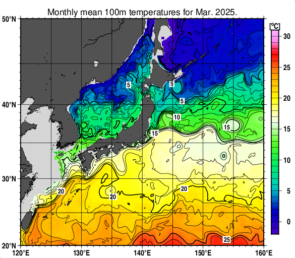 日本近海の深さ100mの月平均水温分布図（2025年3月）