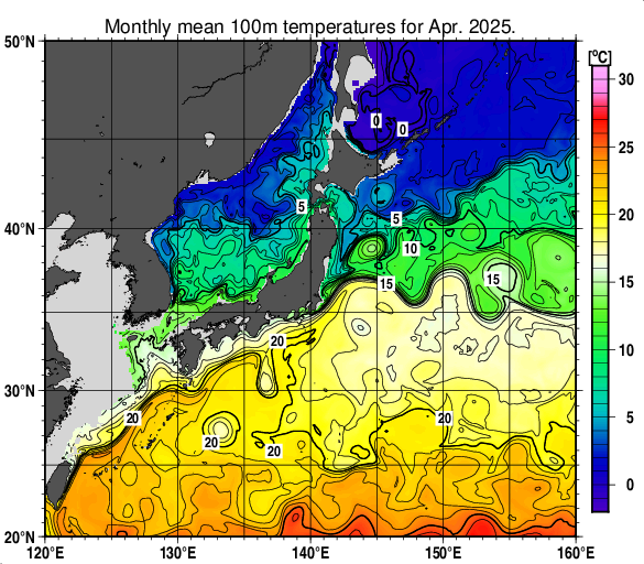 日本近海の深さ100mの月平均水温分布図（2025年4月）