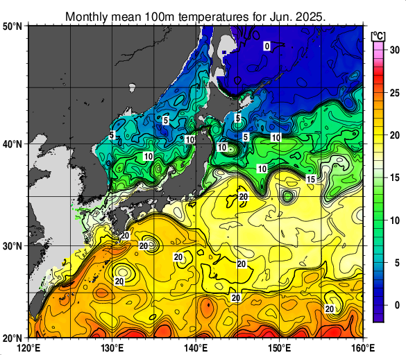 日本近海の深さ100mの月平均水温分布図（2025年6月）