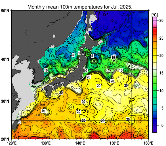 日本近海の深さ100mの月平均水温分布図（2025年7月）