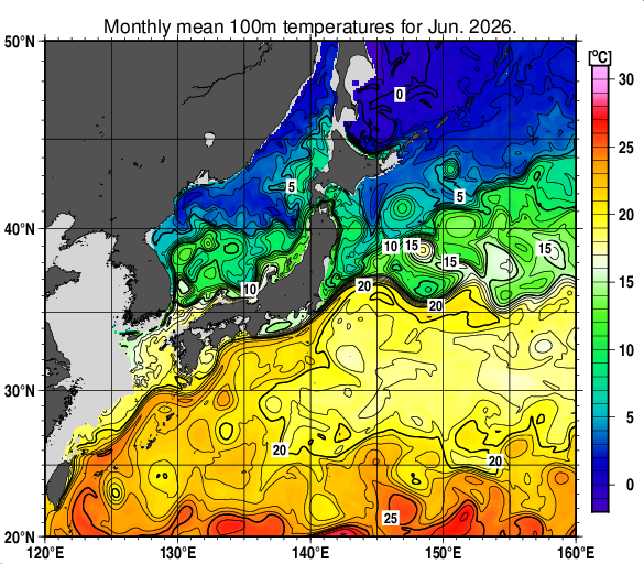 日本近海の深さ100mの月平均水温分布図（2026年6月）
